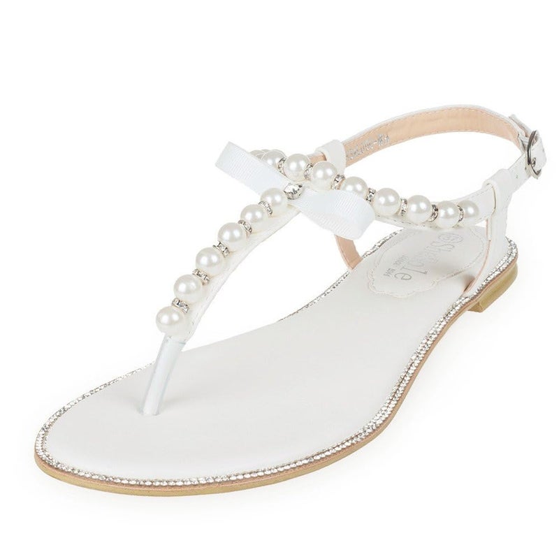 SheSole Women's Pearl T-Strap Bridal White Flat Sandals Beach Wedding Shoes US 9 - Image 1